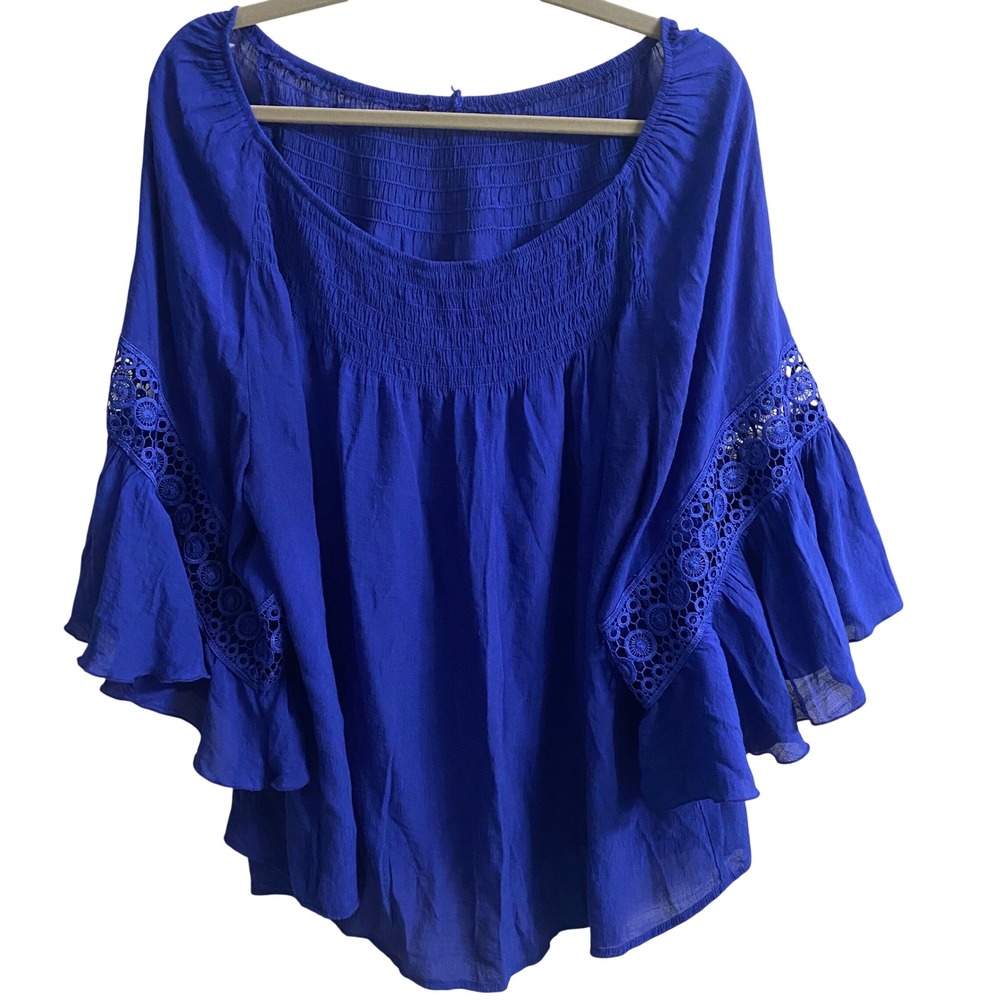 Royal Blue Smocked Boho Blouse Crochet Lace Bell Sleeve Top RN37080
